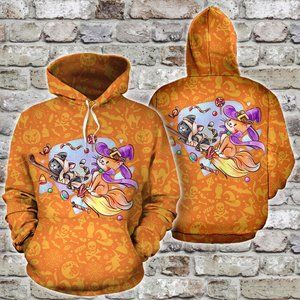 Halloween cat witch riding broom hoodie 3d